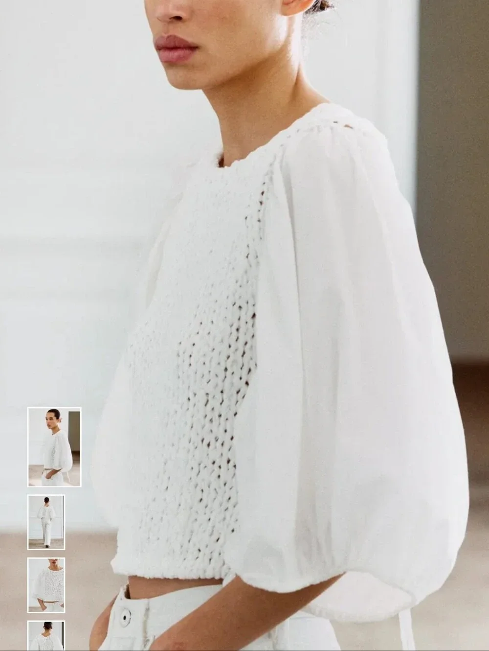 Zara White Crochet Knit Puff-Sleeve Top